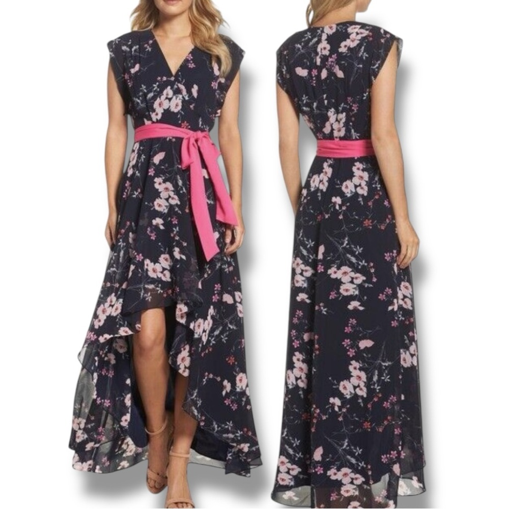 Eliza J Hi-Low Faux Wrap Belted Floral Navy Pink Maxi Dress